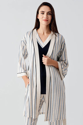 Striped Hidden Breastfeeding Panel 3-Piece Maternity-Nursing Pajama & Robe Set Navy Blue - 17302