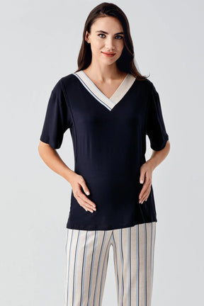 Striped Hidden Breastfeeding Panel 3-Piece Maternity-Nursing Pajama & Robe Set Navy Blue - 17302