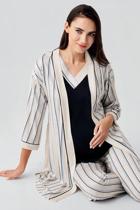 Striped Hidden Breastfeeding Panel 3-Piece Maternity-Nursing Pajama & Robe Set Navy Blue - 17302