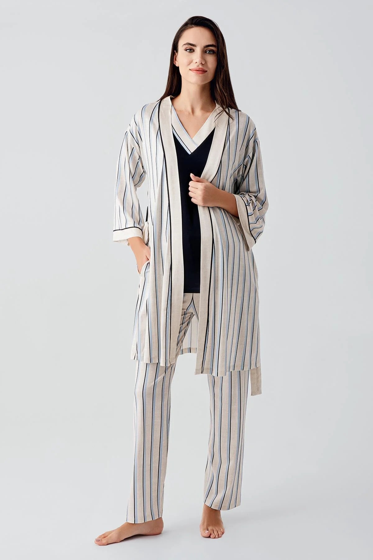 Striped Hidden Breastfeeding Panel 3-Piece Maternity-Nursing Pajama & Robe Set Navy Blue - 17302