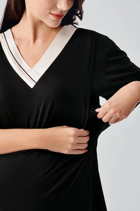 Striped Hidden Breastfeeding Panel 3-Piece Maternity-Nursing Pajama & Robe Set Black - 17302