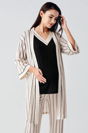 Striped Hidden Breastfeeding Panel 3-Piece Maternity-Nursing Pajama & Robe Set Black - 17302