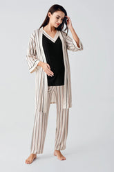 Striped Hidden Breastfeeding Panel 3-Piece Maternity-Nursing Pajama & Robe Set Black - 17302