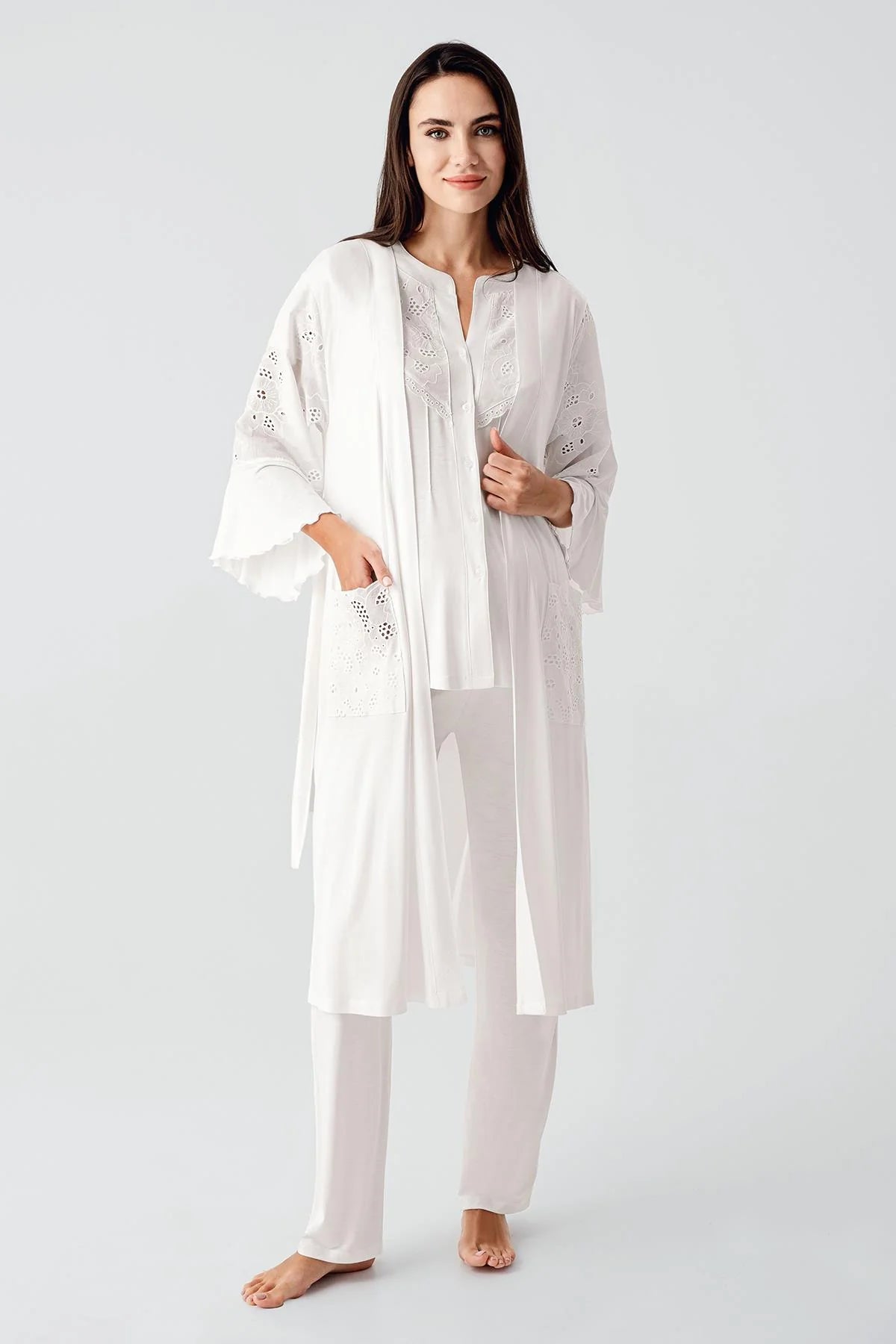 Embroidered Detailed 3-Piece Maternity-Nursing Pajama & Robe Set Ecru - 17303