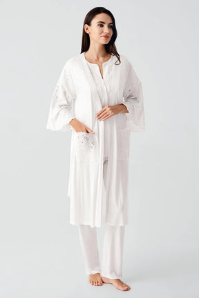 Embroidered Detailed 3-Piece Maternity-Nursing Pajama & Robe Set Ecru - 17303