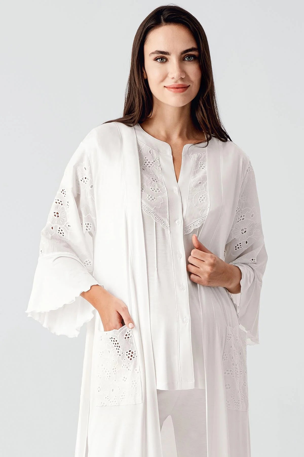 Embroidered Detailed 3-Piece Maternity-Nursing Pajama & Robe Set Ecru - 17303