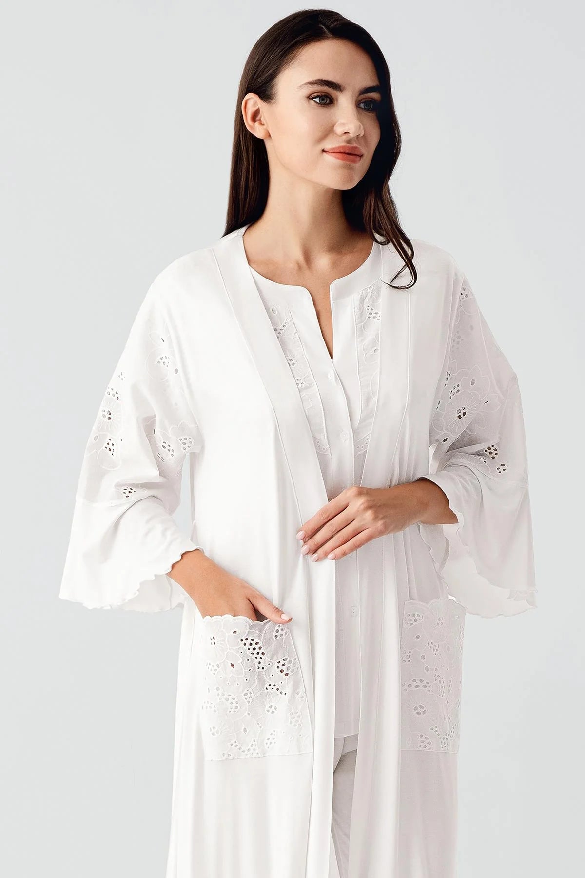 Embroidered Detailed 3-Piece Maternity-Nursing Pajama & Robe Set Ecru - 17303