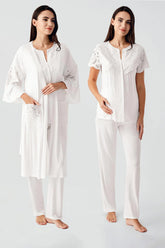 Embroidered Detailed 3-Piece Maternity-Nursing Pajama & Robe Set Ecru - 17303