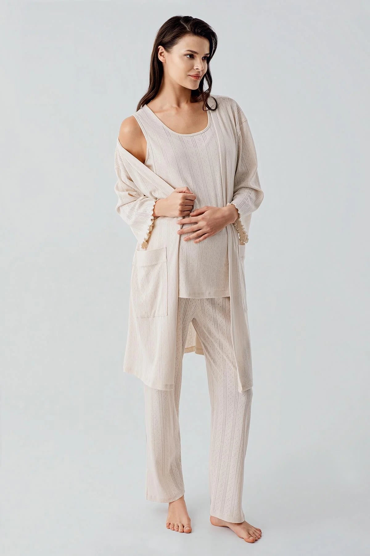 Hidden Breastfeeding Panel 3-Piece Maternity-Nursing Pajama & Robe Set Beige - 17308