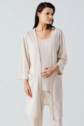 Hidden Breastfeeding Panel 3-Piece Maternity-Nursing Pajama & Robe Set Beige - 17308