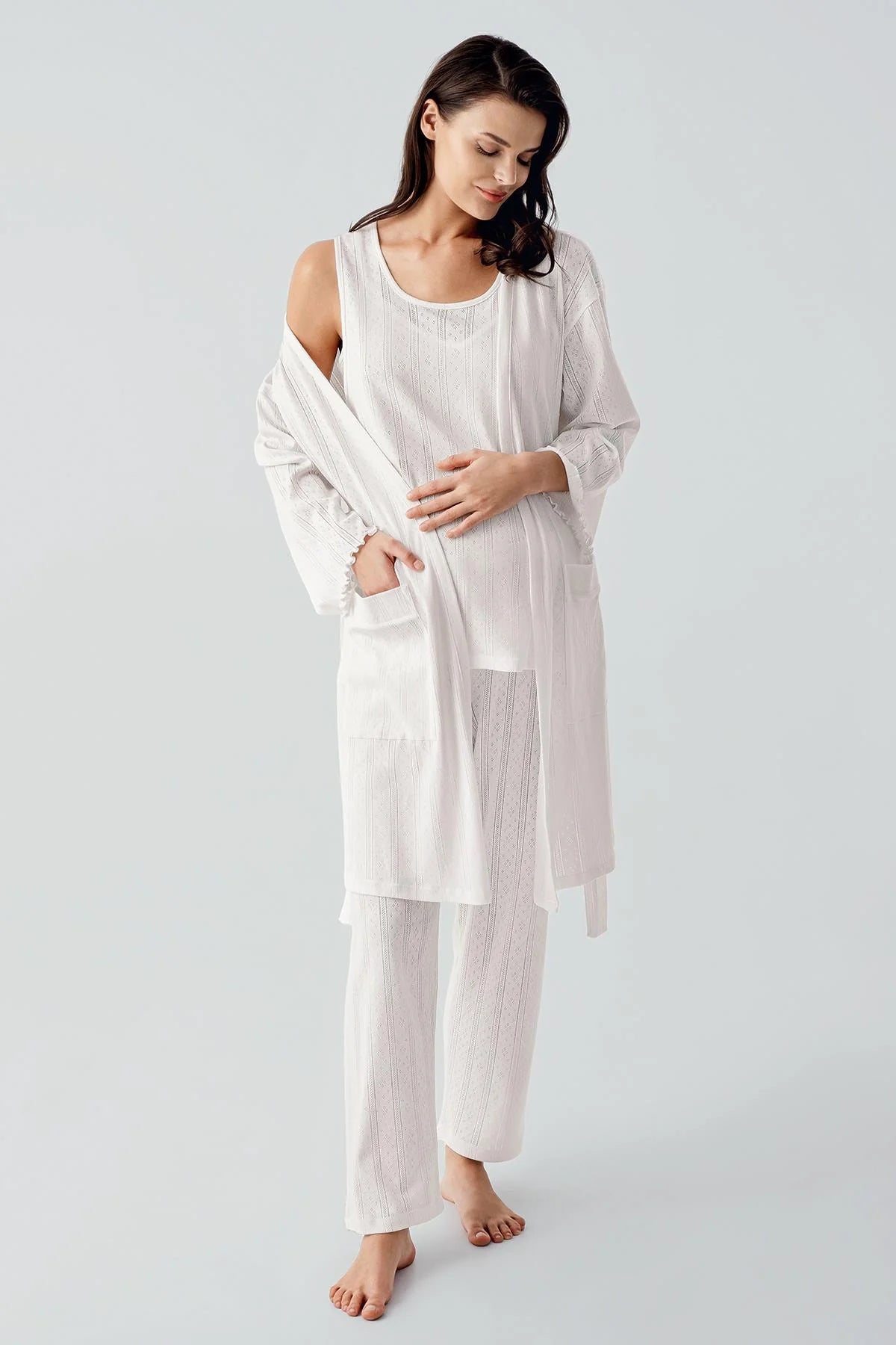 Hidden Breastfeeding Panel 3-Piece Maternity-Nursing Pajama & Robe Set Ecru - 17308