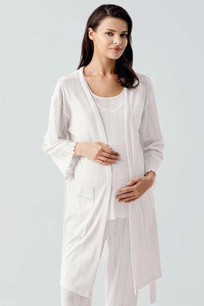 Hidden Breastfeeding Panel 3-Piece Maternity-Nursing Pajama & Robe Set Ecru - 17308