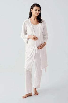 Hidden Breastfeeding Panel 3-Piece Maternity-Nursing Pajama & Robe Set Ecru - 17308