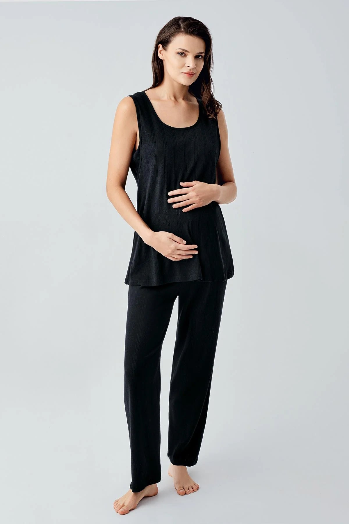 Hidden Breastfeeding Panel 3-Piece Maternity-Nursing Pajama & Robe Set Black - 17308