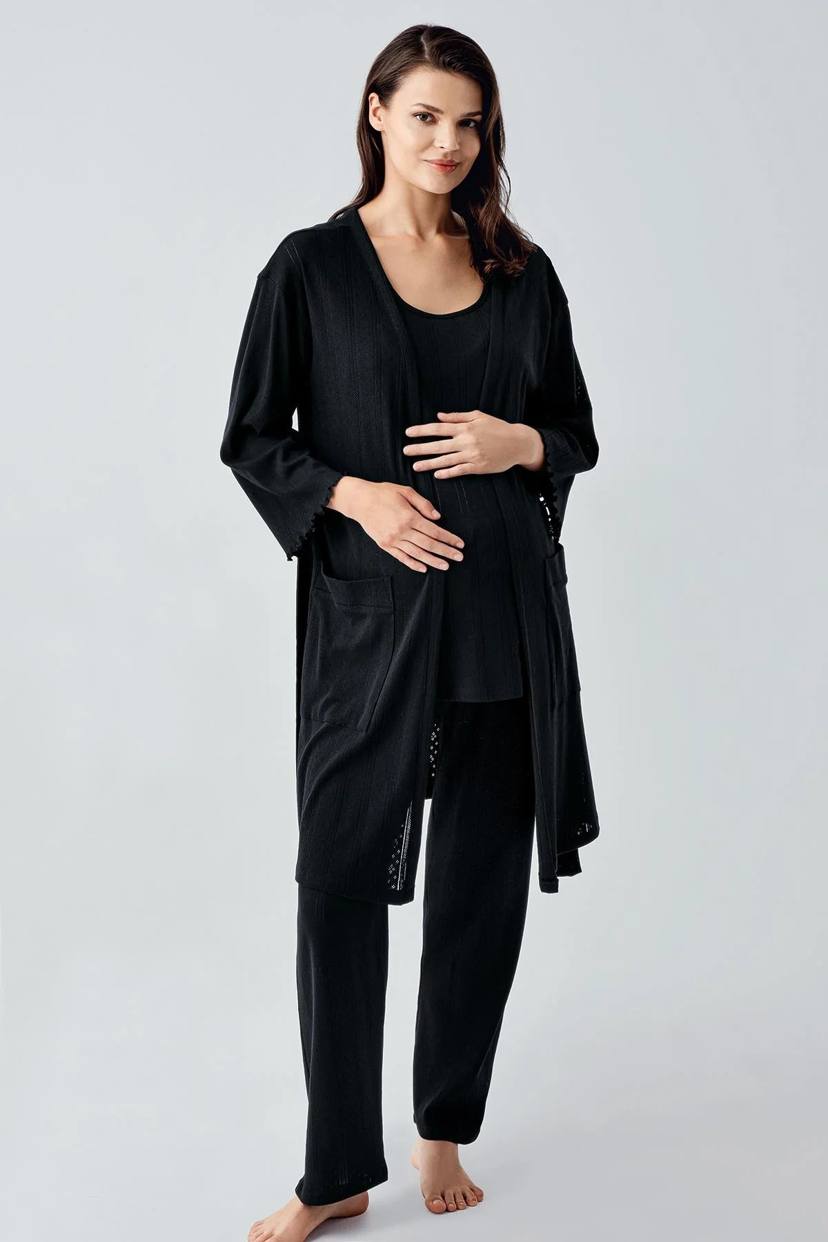 Hidden Breastfeeding Panel 3-Piece Maternity-Nursing Pajama & Robe Set Black - 17308