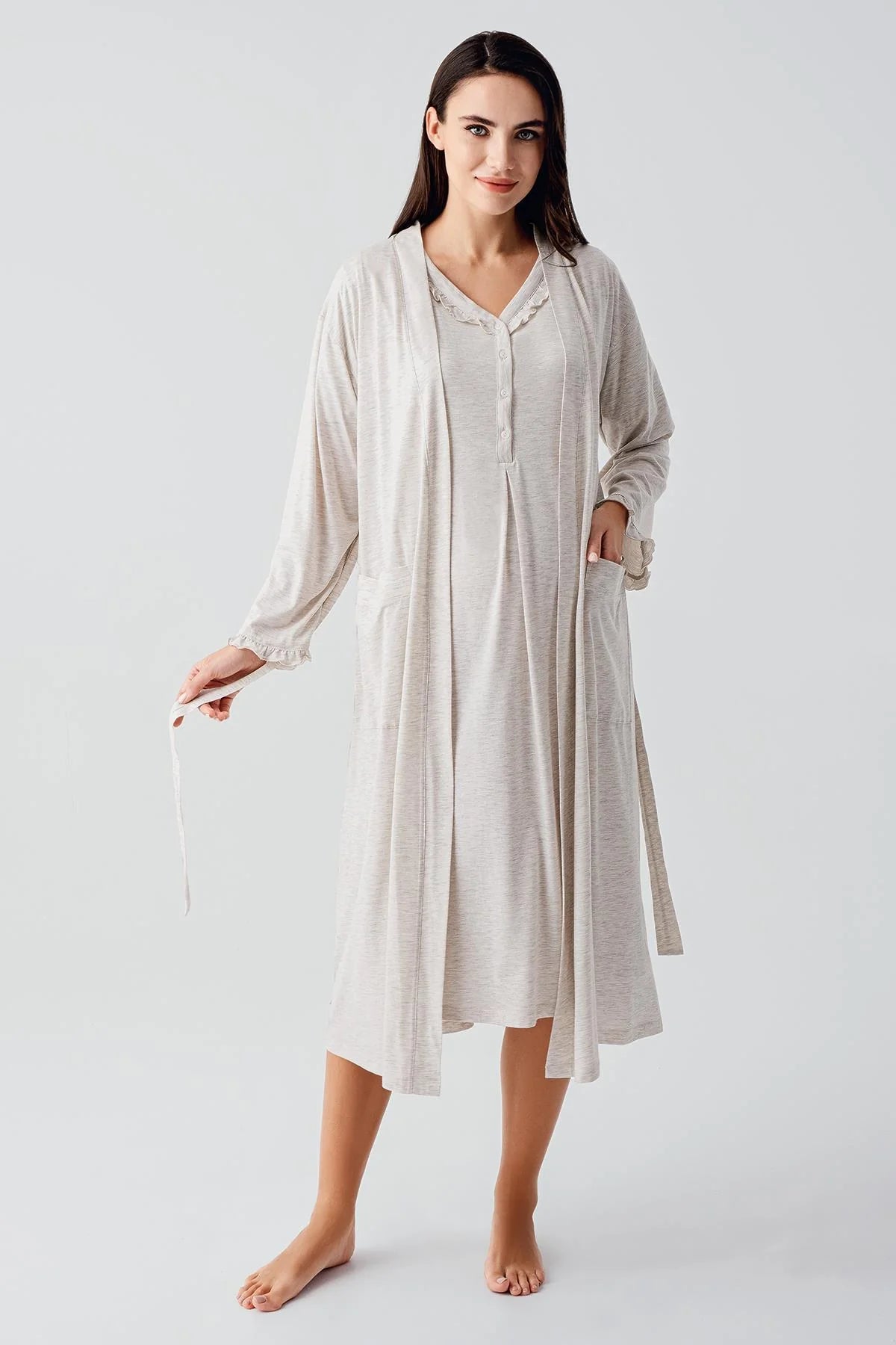 Pleated Double Breastfeeding Maternity-Nursing Nightgown & Robe Set Beige - 17400