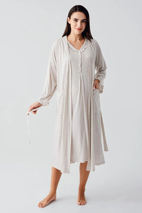 Pleated Double Breastfeeding Maternity-Nursing Nightgown & Robe Set Beige - 17400