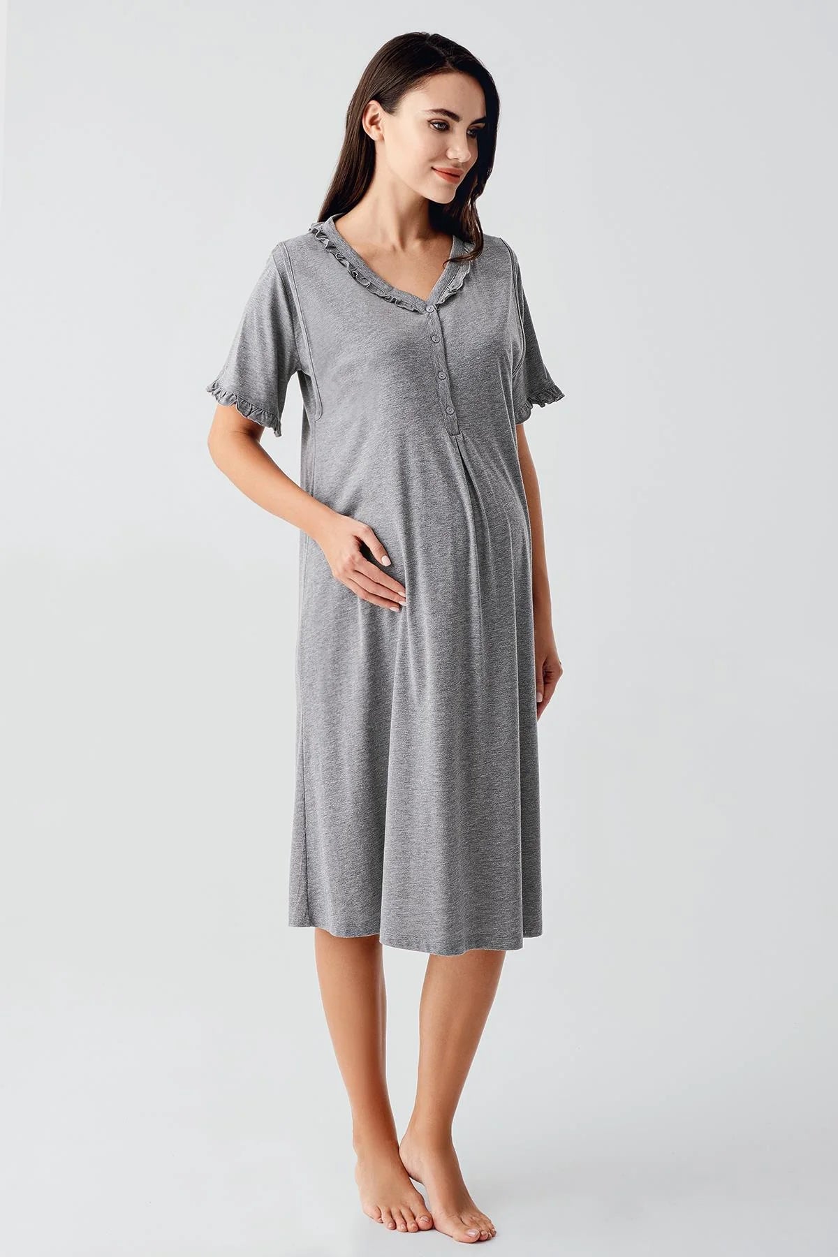 Pleated Double Breastfeeding 4-Piece Maternity-Nursing Set Grey - 400200