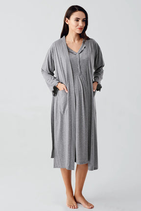 Pleated Double Breastfeeding Maternity-Nursing Nightgown & Robe Set Grey - 17400