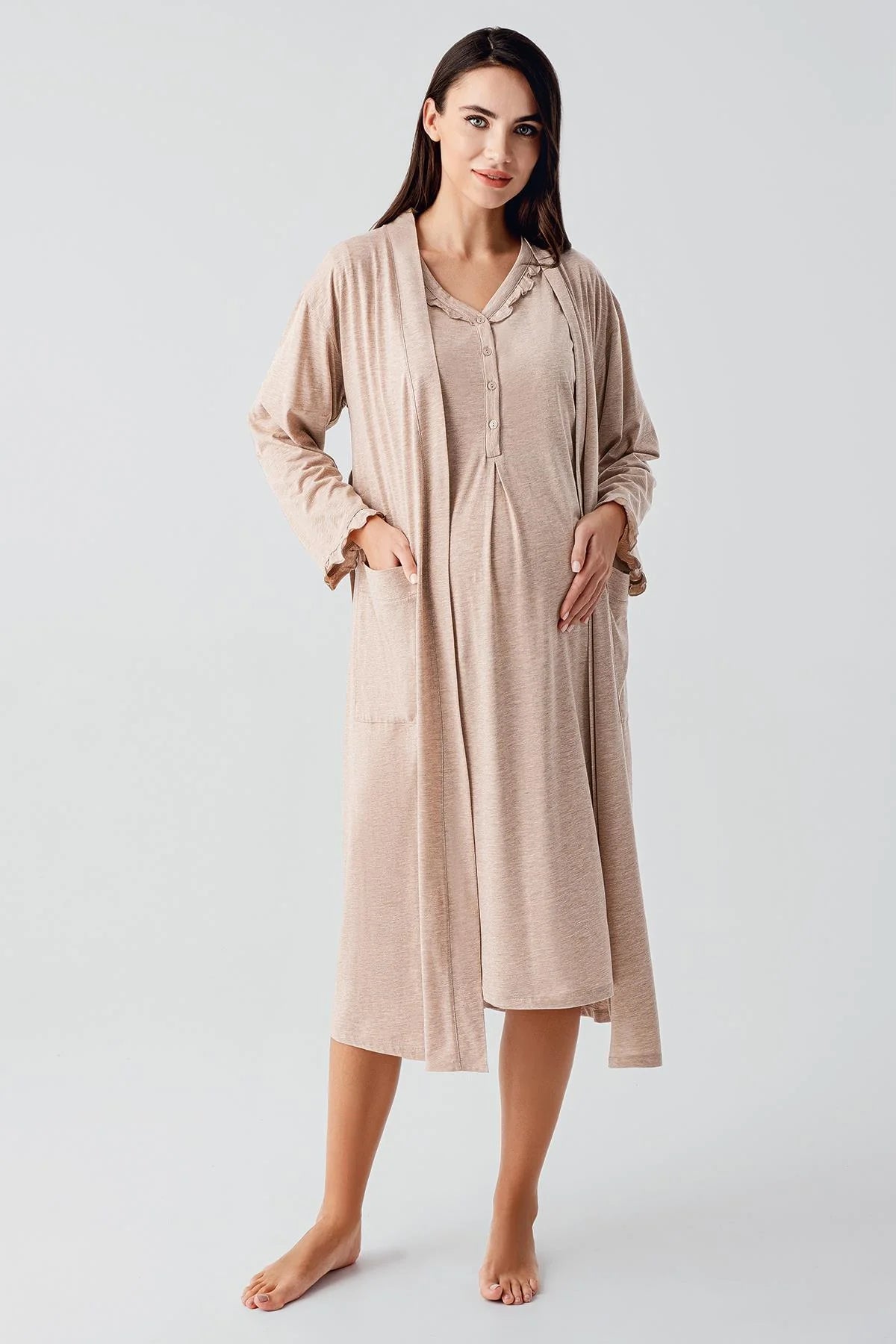 Pleated Double Breastfeeding Maternity-Nursing Nightgown & Robe Set Coffee - 17400