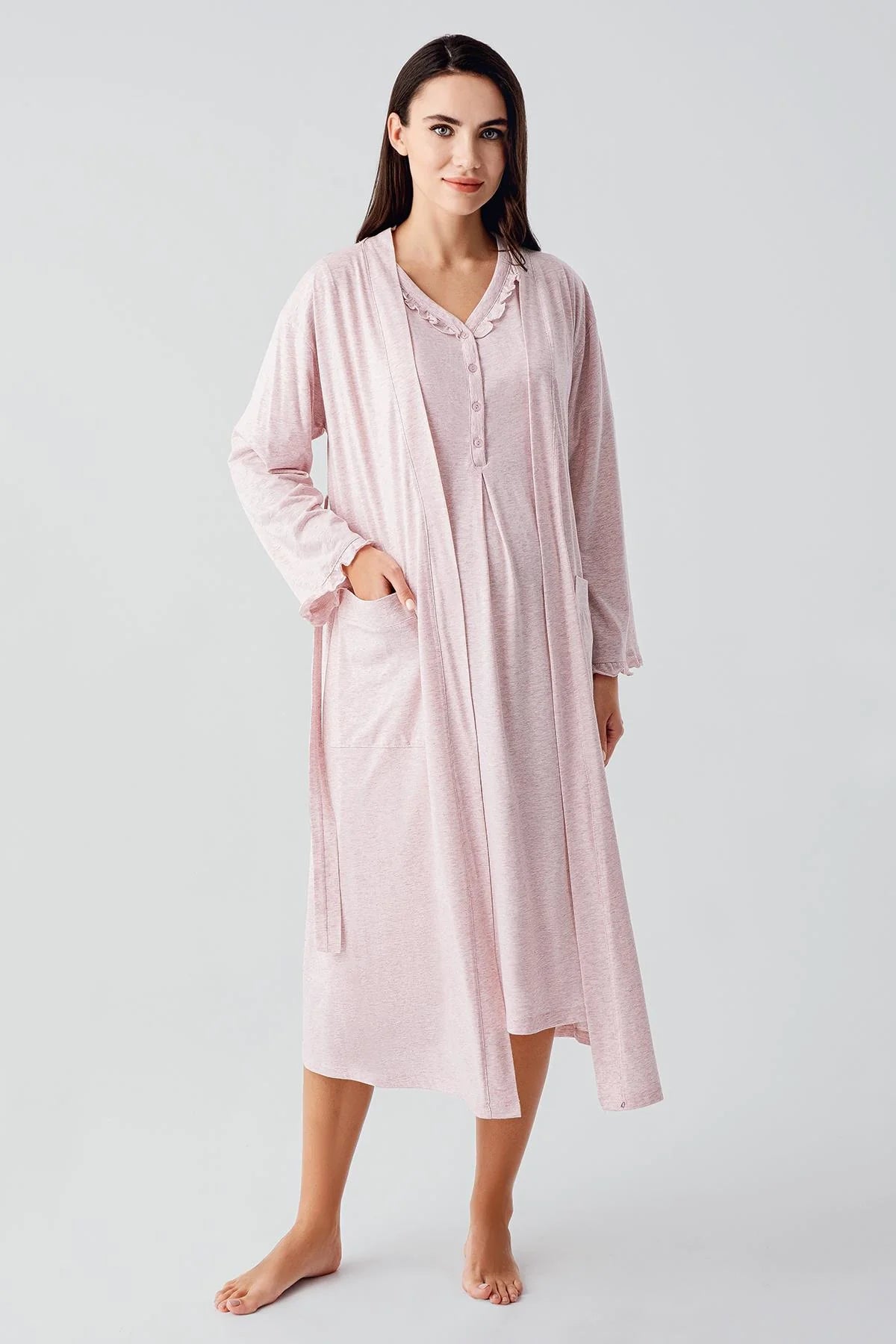 Pleated Double Breastfeeding Maternity-Nursing Nightgown & Robe Set Pink - 17400