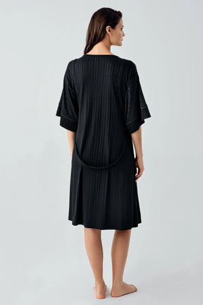 Strappy Maternity-Nursing Nightgown & Jacquard Robe Set Black - 17401