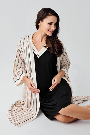 Striped Hidden Breastfeeding Panel Maternity-Nursing Nightgown & Robe Set Black - 17402