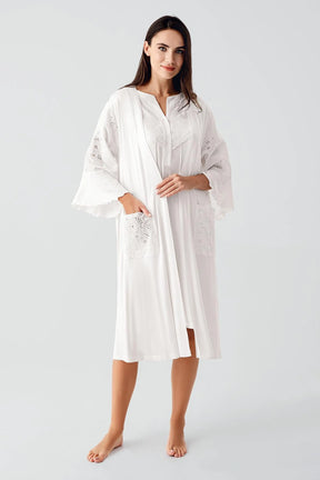 Embroidered Detailed Maternity-Nursing Nightgown & Robe Set Ecru - 17403