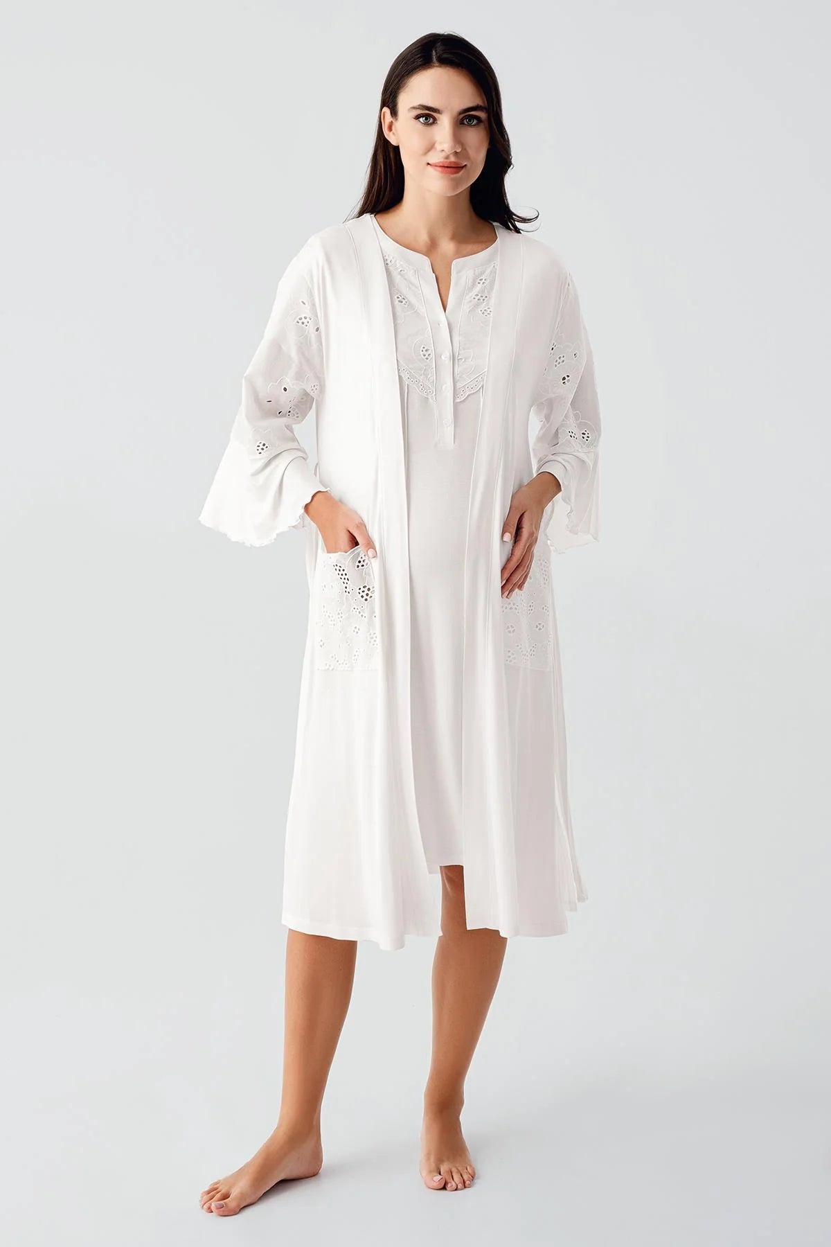 Embroidered Detailed Maternity-Nursing Nightgown & Robe Set Ecru - 17403