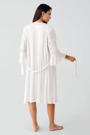 Embroidered Detailed Maternity-Nursing Nightgown & Robe Set Ecru - 17403