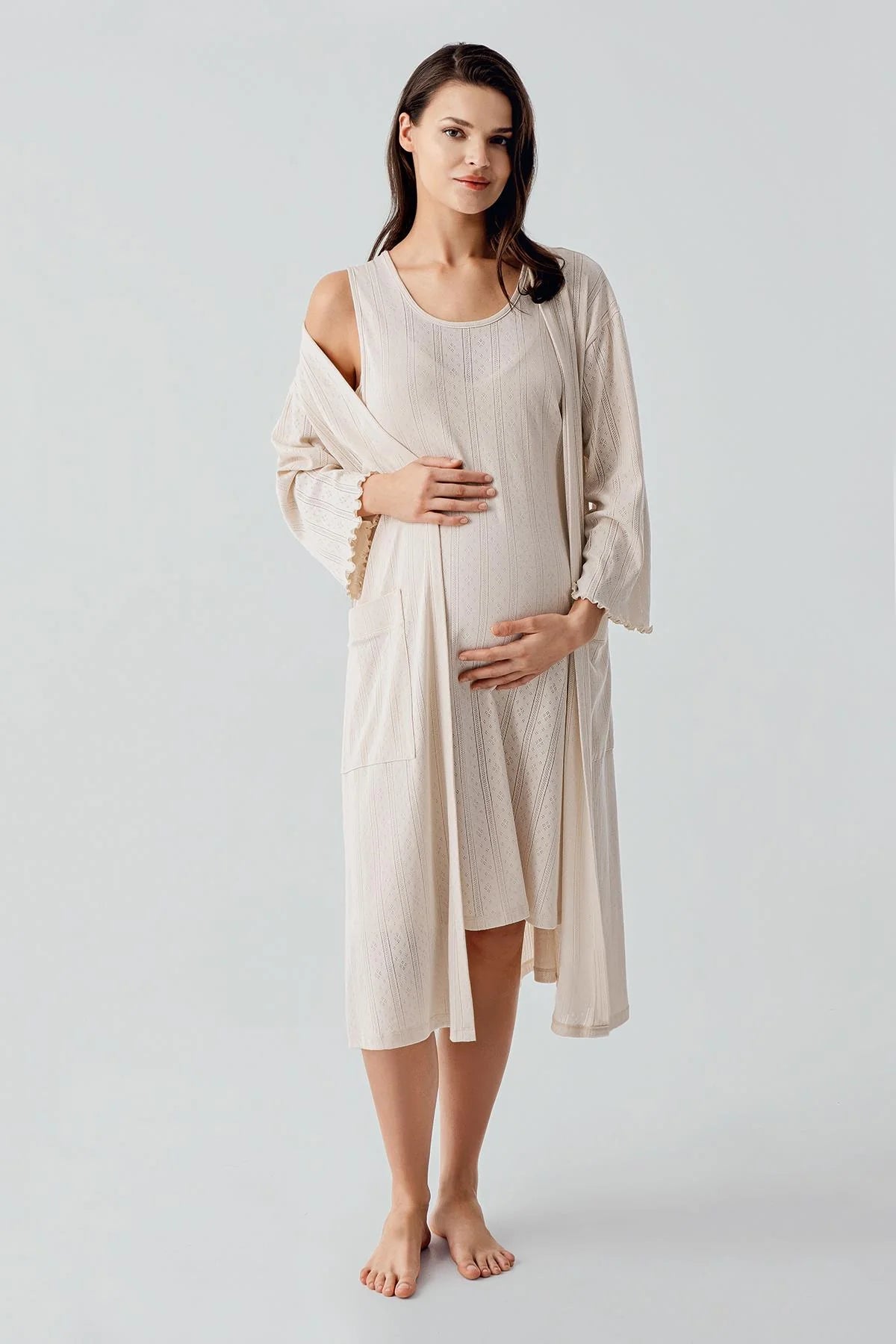 Hidden Breastfeeding Panel Maternity-Nursing Nightgown & Robe Set Beige - 17408