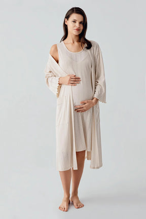 Hidden Breastfeeding Panel Maternity-Nursing Nightgown & Robe Set Beige - 17408