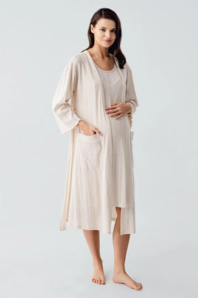 Hidden Breastfeeding Panel Maternity-Nursing Nightgown & Robe Set Beige - 17408