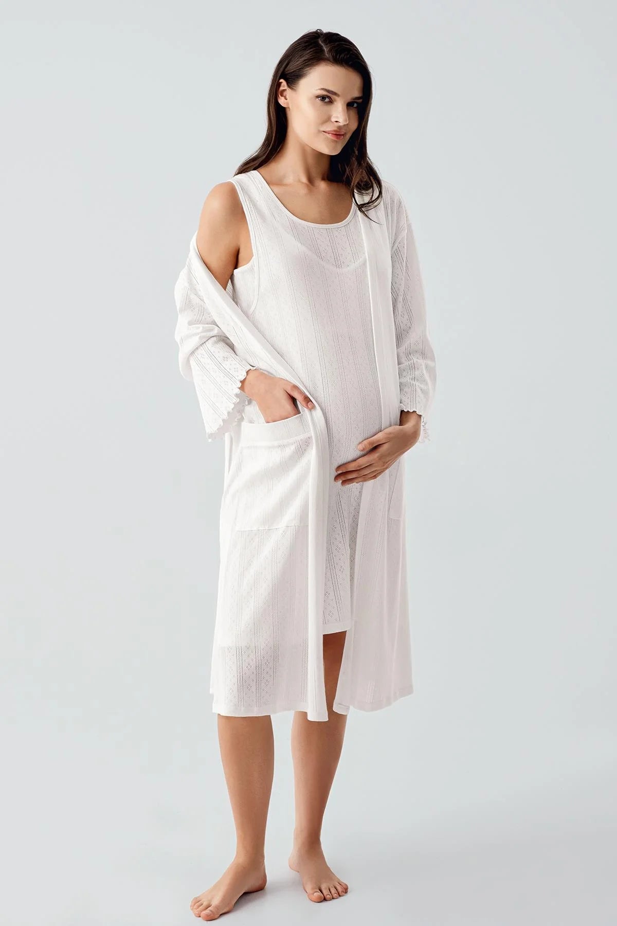 Hidden Breastfeeding Panel Maternity-Nursing Nightgown & Robe Set Ecru - 17408