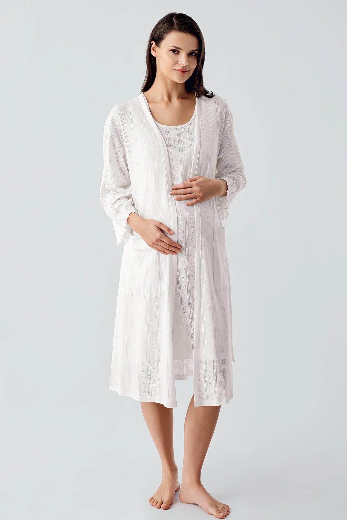 Hidden Breastfeeding Panel Maternity-Nursing Nightgown & Robe Set Ecru - 17408