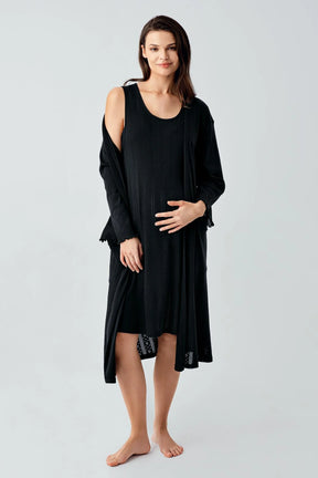 Hidden Breastfeeding Panel Maternity-Nursing Nightgown & Robe Set Black - 17408