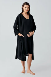 Hidden Breastfeeding Panel Maternity-Nursing Nightgown & Robe Set Black - 17408