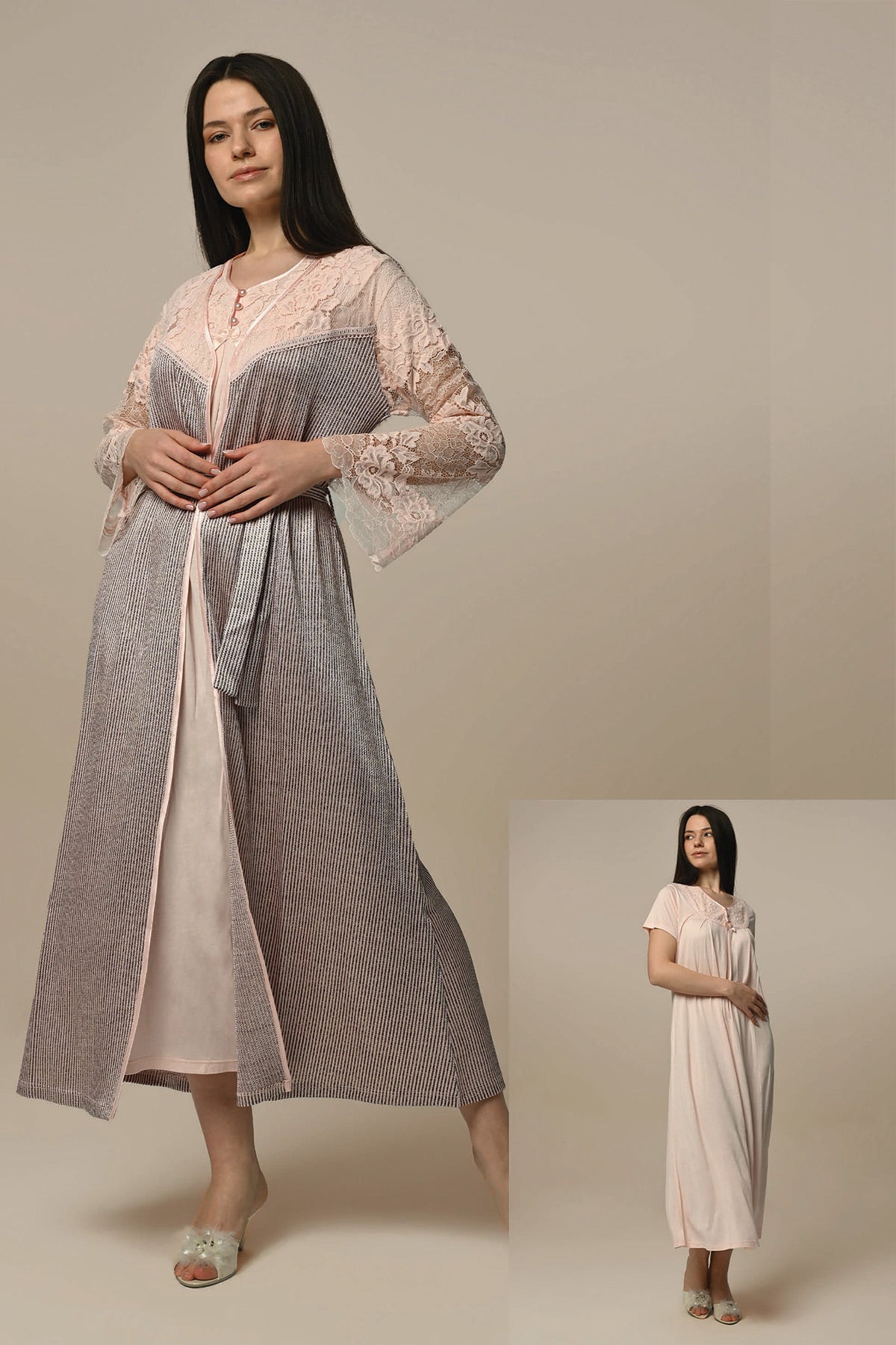 Tulle Lace Sleeve Maternity & Nursing Nightgown With Robe Powder - 23512