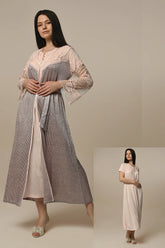 Tulle Lace Sleeve Maternity & Nursing Nightgown With Robe Powder - 23512