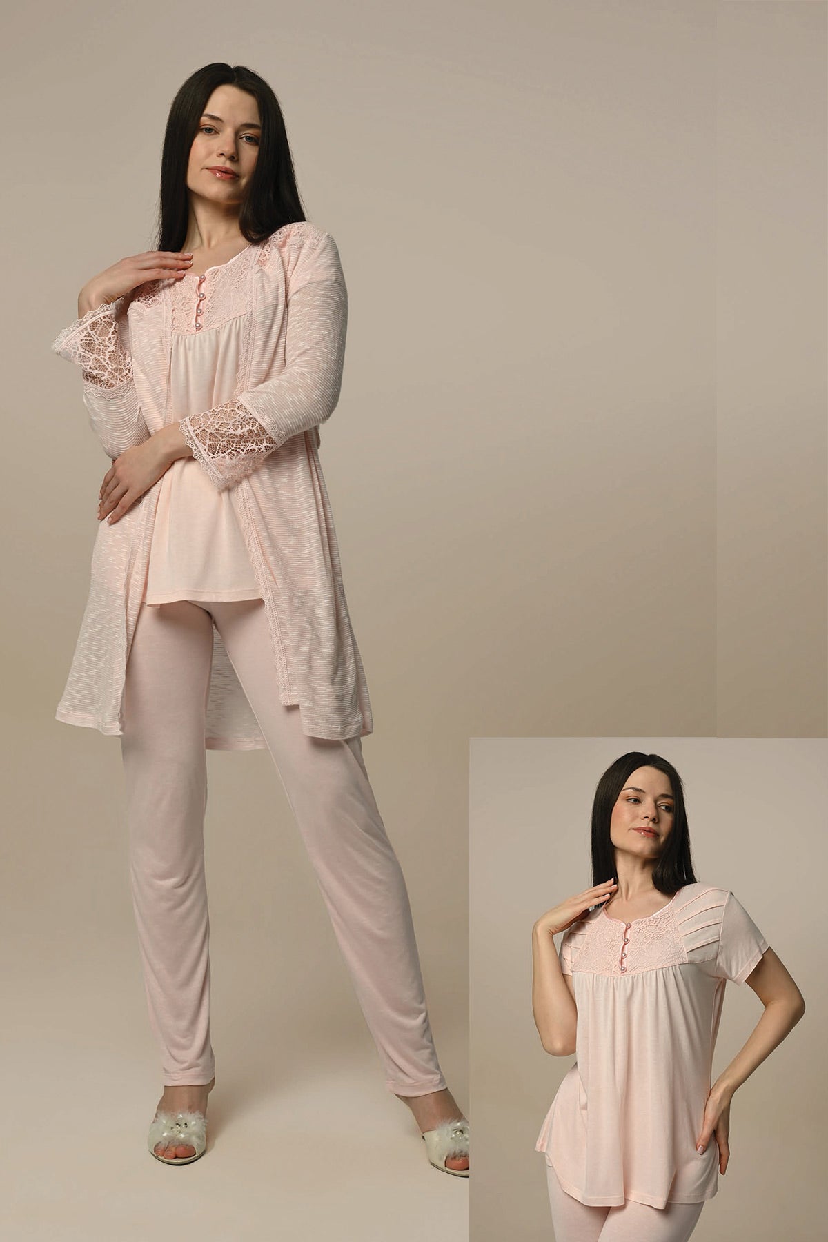Melande Lace Sleeve 3-Pieces Maternity & Nursing Pajamas With Robe Powder - 24321