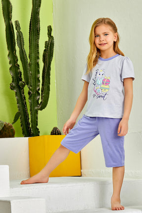 So Sweet Themed Girls Kids Capri Pajamas Lilac (2-8 Years) - 180