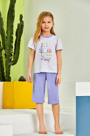 So Sweet Themed Girls Kids Capri Pajamas Lilac (2-8 Years) - 180