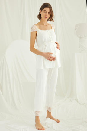 Lace 3-Pieces Maternity & Nursing Pajamas With Robe Ecru - 18203