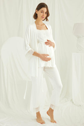 Lace 3-Pieces Maternity & Nursing Pajamas With Robe Ecru - 18203