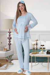 Lace Sleeve Maternity & Nursing Pajamas Blue - 1820