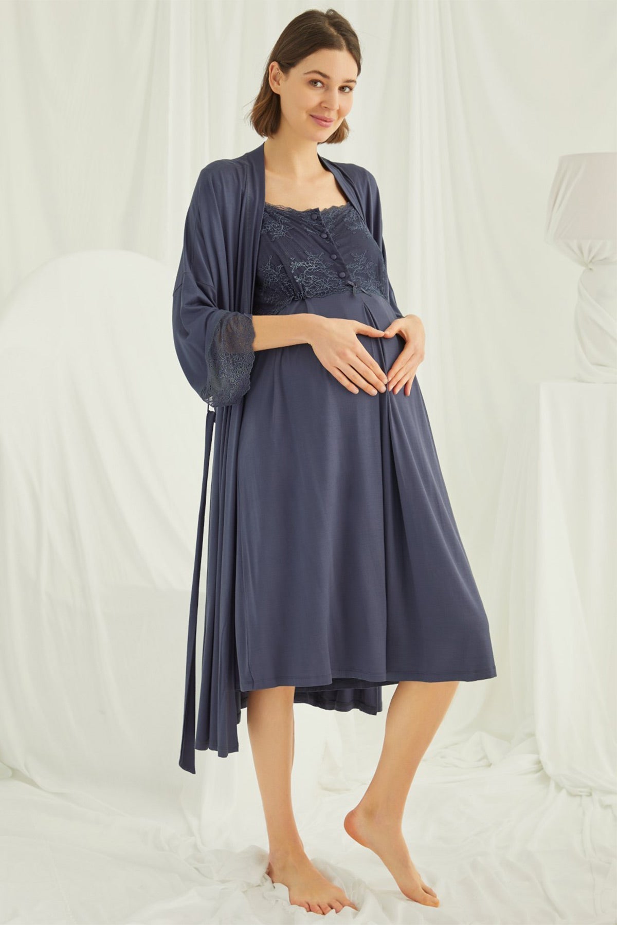 Lace Shoulder Maternity-Nursing Nightgown & Robe Set Navy Blue - 18210