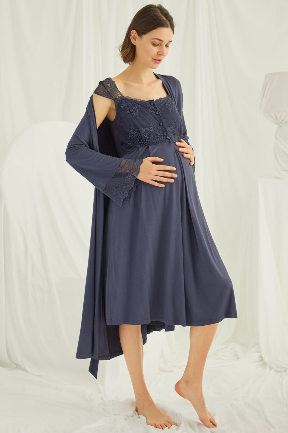 Lace Shoulder Maternity-Nursing Nightgown & Robe Set Navy Blue - 18210