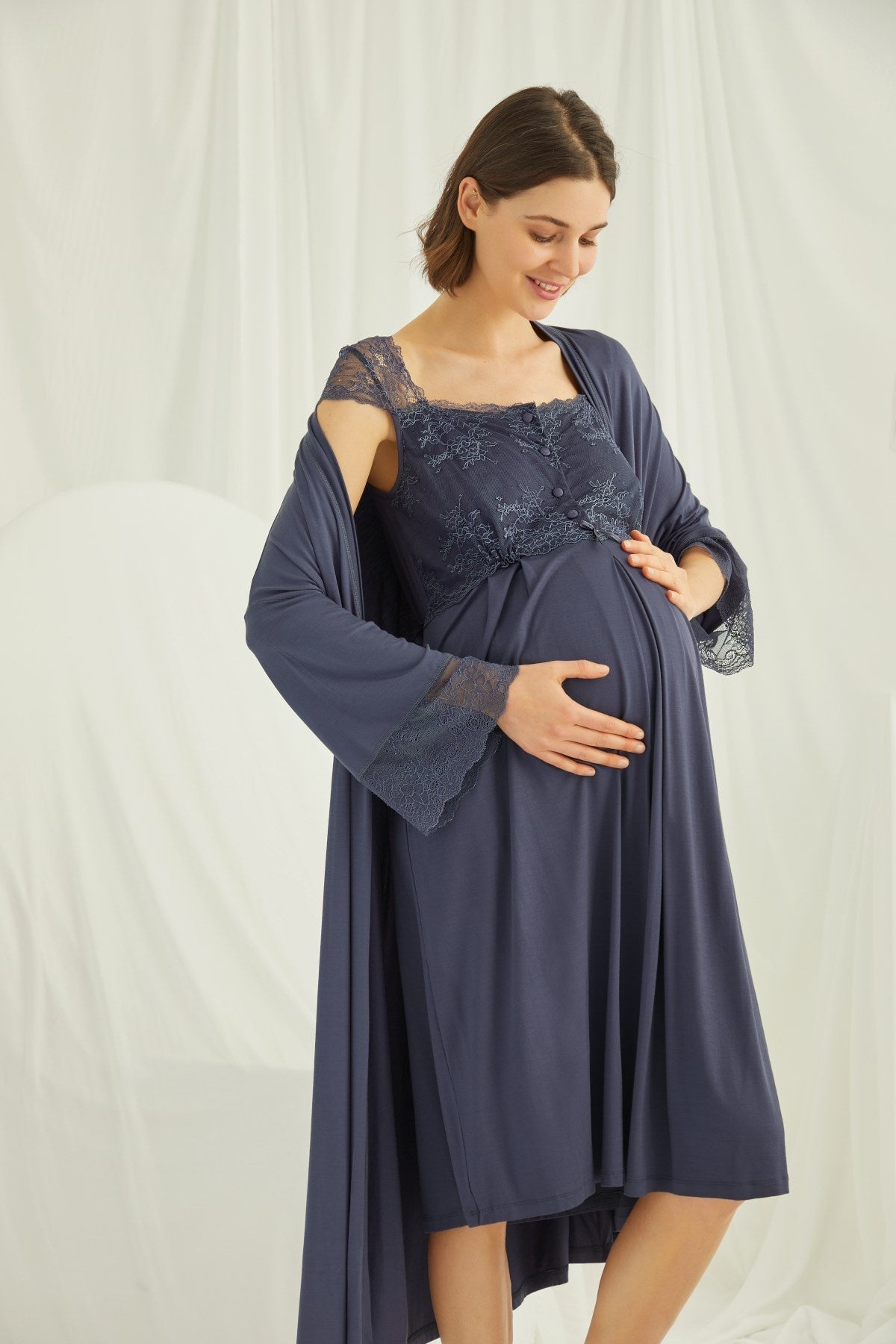 Lace Shoulder Maternity-Nursing Nightgown & Robe Set Navy Blue - 18210