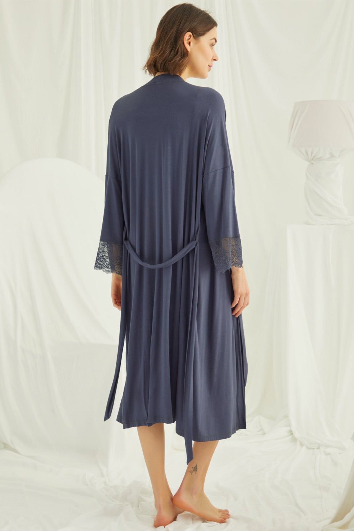 Lace Shoulder Maternity-Nursing Nightgown & Robe Set Navy Blue - 18210