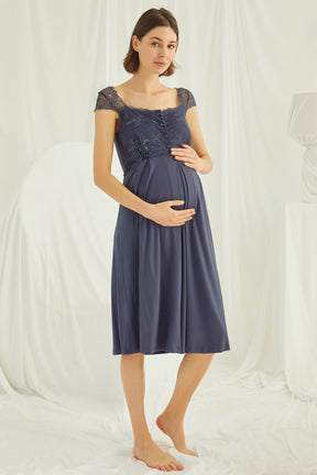 Lace Shoulder Maternity-Nursing Nightgown & Robe Set Navy Blue - 18210